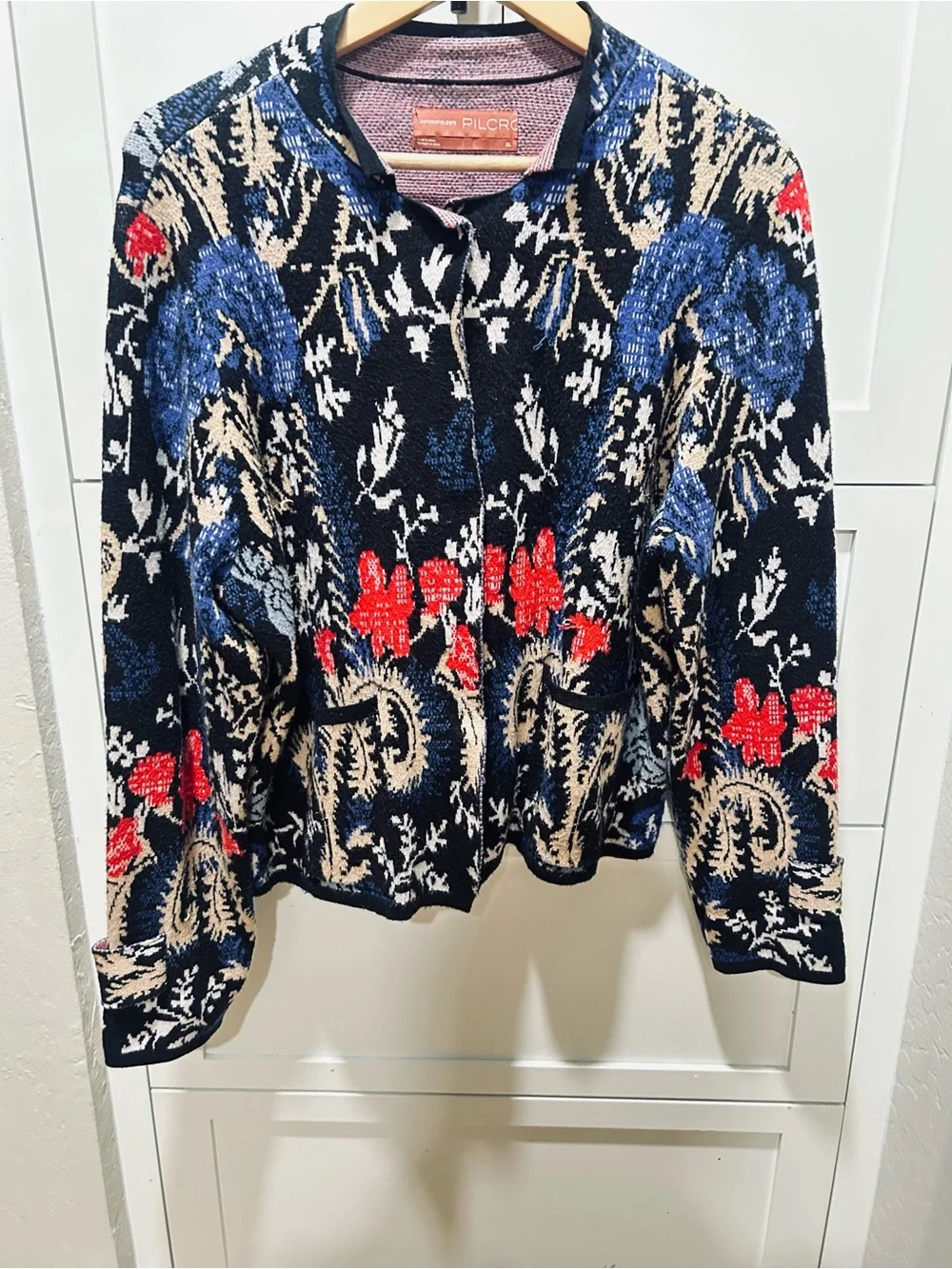 Anthropologie Floral Jacquard Cardigan in Navy, Red & Cream with Blue Accents - Picture 10 of 10